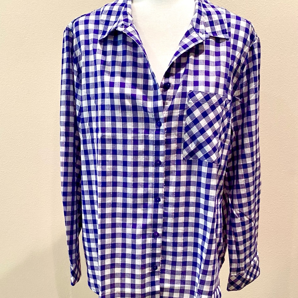 NWT L blue white checkered shirt cowgirl western long sleeve button collared